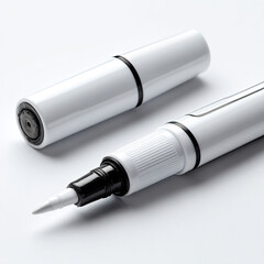 Close-up of a white marker pen with a cap off, showcasing its fine tip and sleek design on a plain background