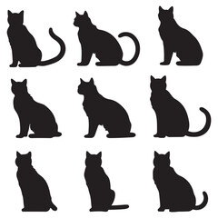 Nine black cat silhouettes arranged in a grid pattern on a white background