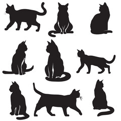 Nine black cat silhouettes against a white background in varying poses including sitting walking and crouching