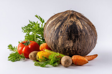 Fresh vegetables including a large turnip, tomatoes, carrots, and greens arranged artistically