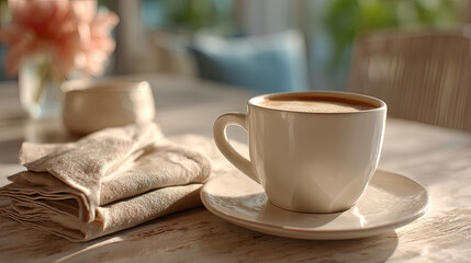Coffee early light in cozy breakfast nook concept. Warm coffee cup on a cozy table with soft lighting.