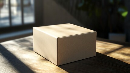 Cardboard packaging box with no text, isolated on wooden table with sunlight through window