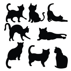 Nine black cat silhouettes in various poses on a white background