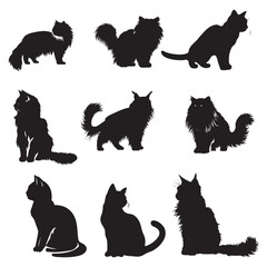 Nine black cat silhouettes pose in various positions against a white background