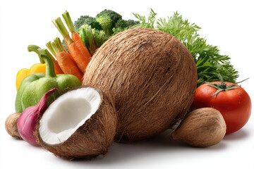 Fresh vegetables and coconuts arranged artistically on a white background, showcasing vibrant colors
