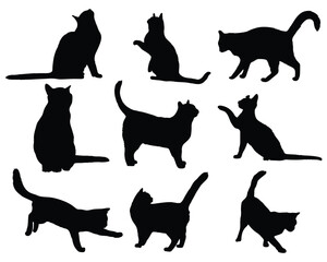 Nine black cat silhouettes in various poses against a white background
