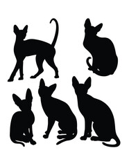 Silhouette of five cats in different poses standing sitting and crouching