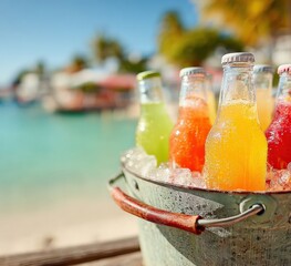 Refreshing fruit juices and soft drinks chilling in a bucket of ice on a tropical beach offer a perfect way to cool down on a hot summer day