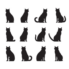 Silhouetted cats twelve black feline figures seated arranged in a grid pattern against a white background