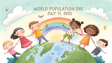 Children holding hands on earth with rainbow and world population day july eleven twenty twenty five