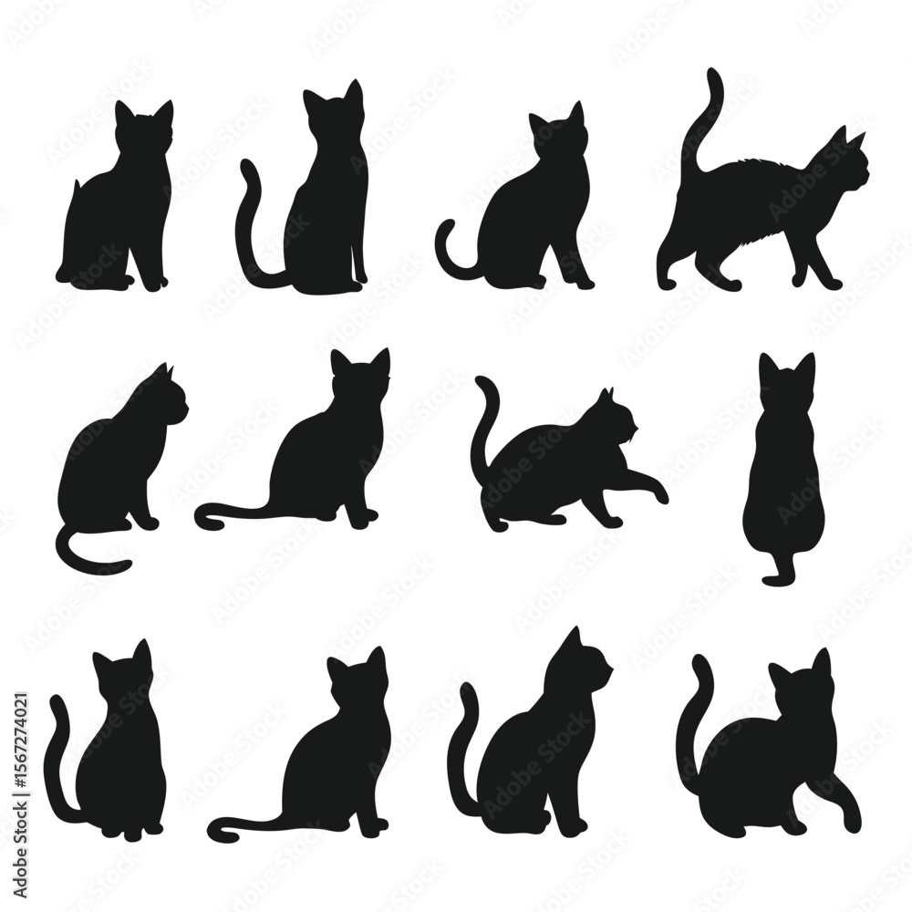 Poster silhouettes of twelve cats in various poses are arranged in a grid pattern against a white backdrop