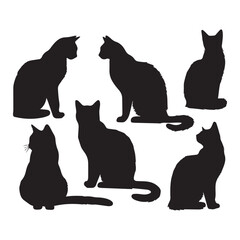 Six black cat silhouettes are arranged in two rows on a white background