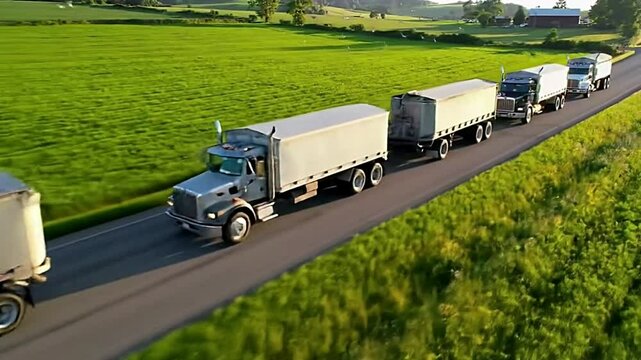 aerial view of a convoy of cargo trucks on a countryside highway at golden hour, showcasing warm light and lush green landscapes.