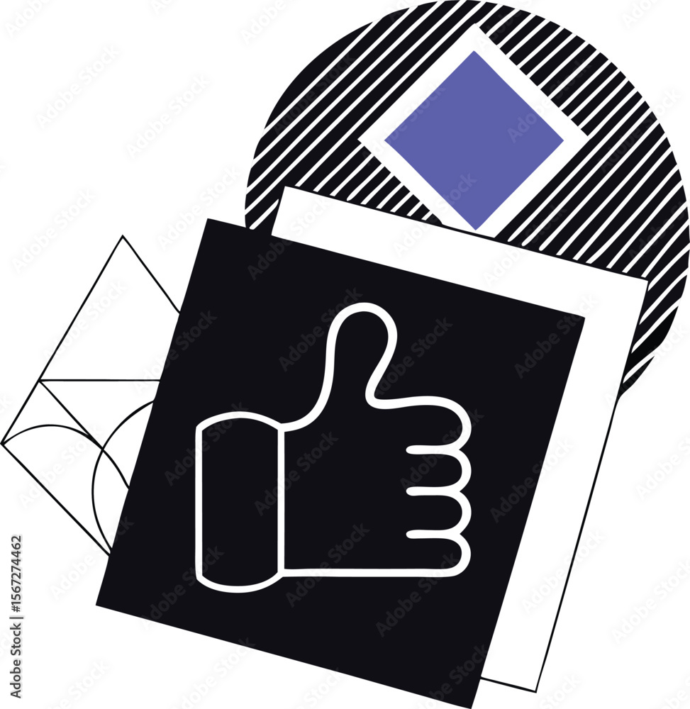Poster simple black thumbs up icon design in minimalist line art with transparency effect
