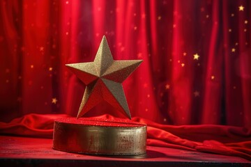 Christmas star on red curtain background, Ai generated