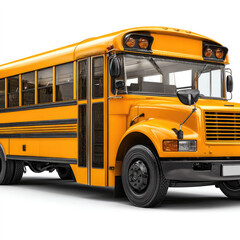 Bright yellow school bus parked on a clean street, surrounded by trees and clear blue sky