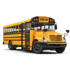 Bright yellow school bus parked with open doors, ready for students, in a sunny urban setting