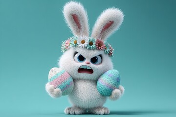 Cute Easter bunny with a wreath of flowers and painted eggs on a blue background, Ai Generated