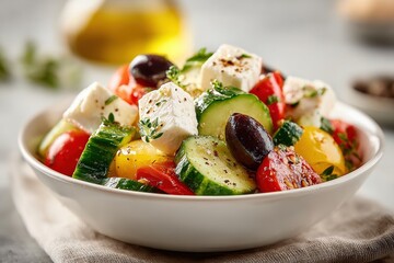 Fresh Greek salad featuring feta cheese, cucumbers, tomatoes, and olives in a white bowl. Perfect for showcasing healthy Mediterranean cuisine