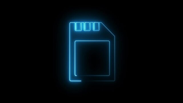 Glowing neon line blue color Micro SD memory card icon isolated on black background. Memory card. Adapter icon. 4K Video motion graphic animation