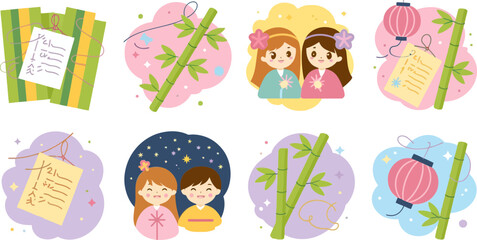 Naklejka premium Japanese summer festival icon set, tanzaku, origami, lanterns, bamboo, traditional celebration, colorful vector, festive elements