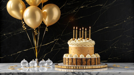 Luxury-themed birthday card with gold balloons, a velvet cake with crystal candles, and a black marble background.

