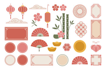 Asian frame and label collection, red and gold borders, lanterns, fans, floral icons, traditional festival vector, decorative set