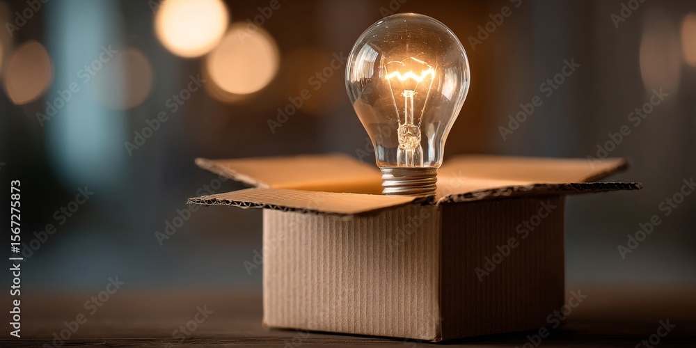Aufkleber bright idea in a box: concept of creativity and innovation emerging from cardboard for inspiration a