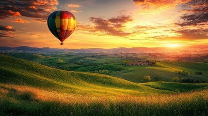Obraz premium A colorful hot air balloon floating over rolling green hills at sunrise