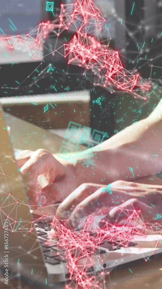 Poster digitally generated video shows tech icons and data processing over a brain.