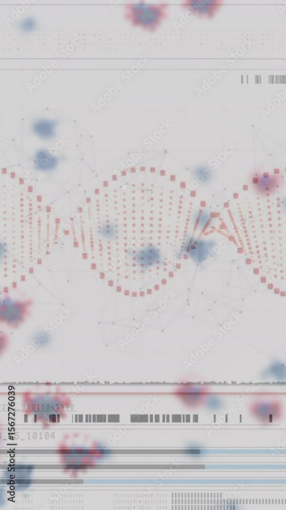 Aufkleber animation of covid-19 cells floating over digital interface with medical data processing