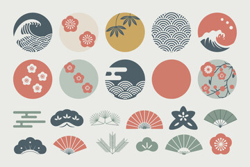 Asian decorative icon collection, circle patterns, waves, flowers, fans, clouds, traditional Japanese style, pastel vector