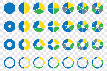 Pie chart infographic set. Circle diagram collection with sections or parts. Segmented circle icons for infographic, data analysis, web design, ui or presentation. Vector-eps 10
