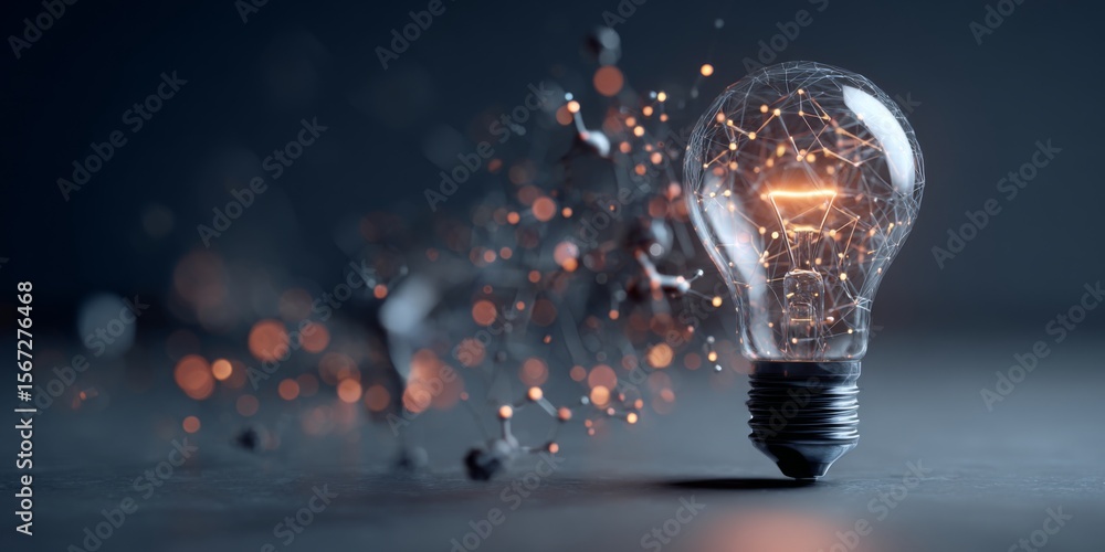 Poster Light bulb glowing with digital connections and particles, representing innovation, creativity, and technology in modern design concepts and ideas