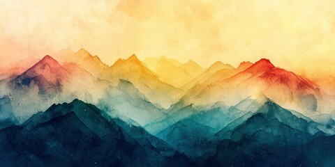 A colorful, misty mountain range painted in delicate watercolor washes with glowing golden light.
