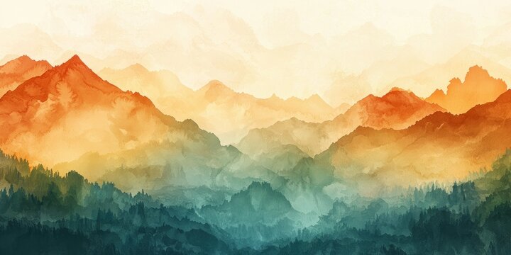 A colorful, misty mountain range painted in delicate watercolor washes with glowing golden light.