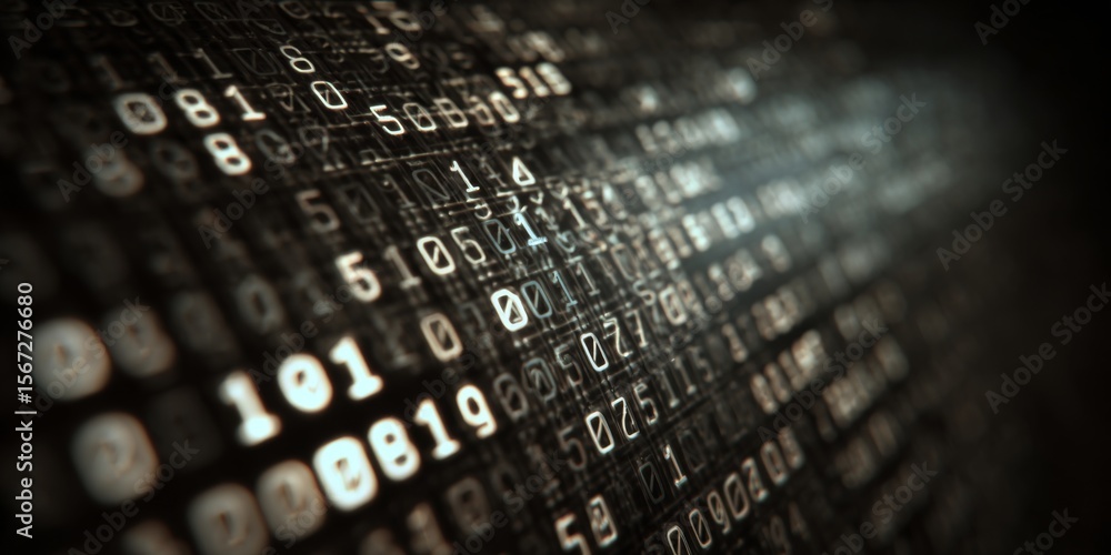 Aufkleber Abstract digital background with binary code and glowing numbers for technology and data concepts in dark environment