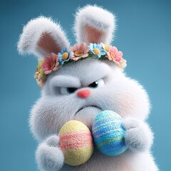 Cute easter bunny with colorful eggs on a blue background, Ai Generated