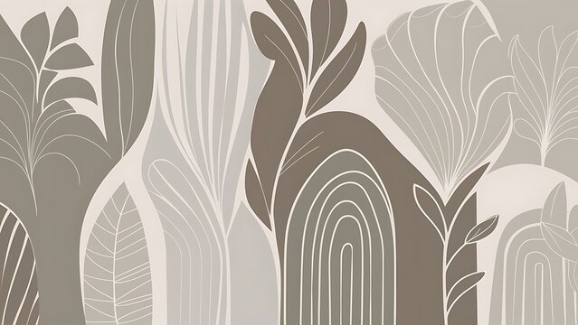 Elegant abstract botanical illustration featuring neutral earth tone colors creates a calming
