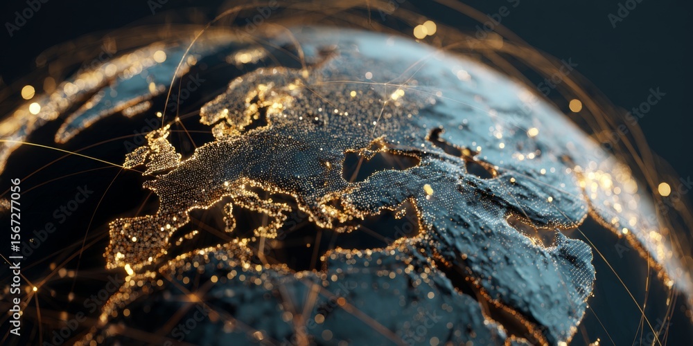 Poster detailed close-up of earth with glowing connection lines depicting global network and digital commun
