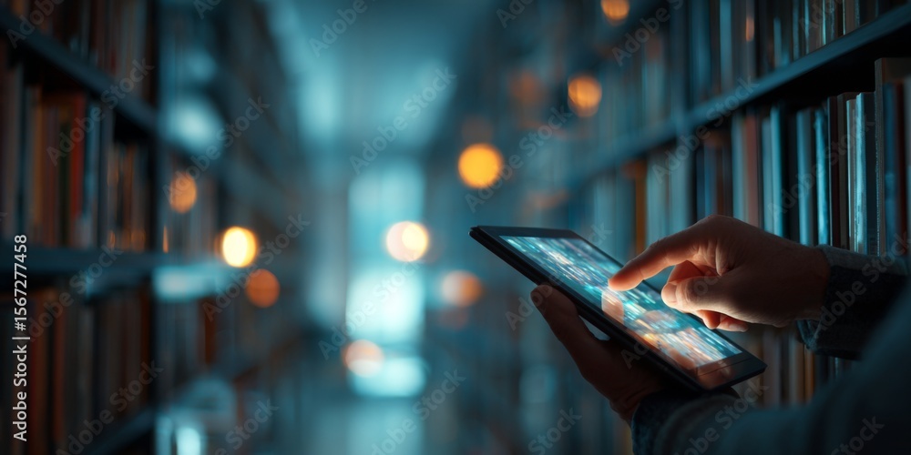 Aufkleber Person Using Tablet in Library with Bookshelf and Soft Lighting Creating a Cozy, Intellectual Atmosphere for Learning and Exploration of Digital Content