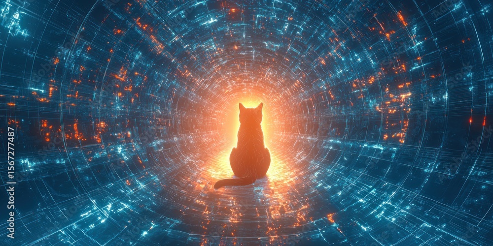 Poster a conceptual 3d rendering of schrã¶dingerâ€™s cat inside a glowing energy field.