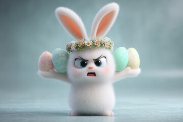 Easter bunny with egg on blue background. Easter holiday concept, Ai Generated