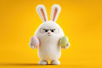 Easter bunny with egg on yellow background. Easter holiday concept, Ai generated