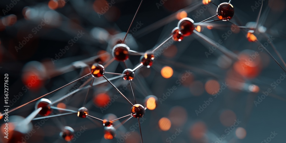 Poster Intricate visualization of molecular structures with red spheres and connecting lines in a dynamic 3D space, conveying concepts of science and technology.