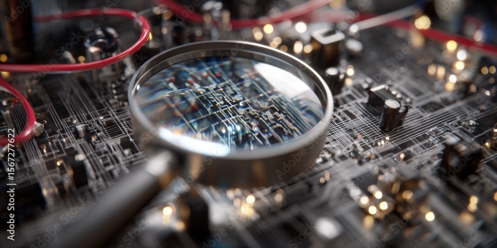 Poster Magnifying Glass Over Computer Circuit Board with Electronic Components, Close-up View of Technology and Innovation in Digital Age