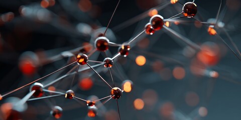 Intricate visualization of molecular structures with red spheres and connecting lines in a dynamic 3D space, conveying concepts of science and technology.