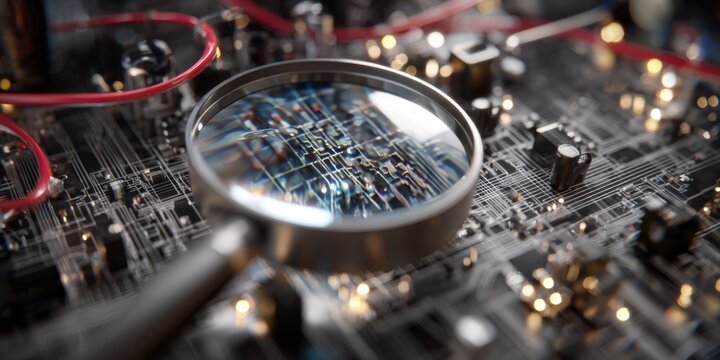 Magnifying Glass Over Computer Circuit Board with Electronic Components, Close-up View of Technology and Innovation in Digital Age - Powered by Adobe