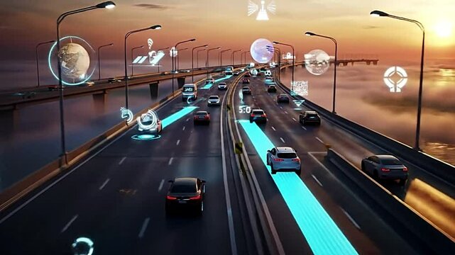 Futuristic aerial view of AI-powered autonomous delivery cars communicating via 5G smart roads, GPS tracking, and real-time traffic data across a digital road network.