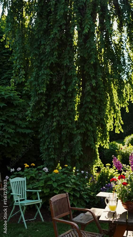 Poster a serene garden scene with a table set for two, captured from a low angle. sunlight filters through 